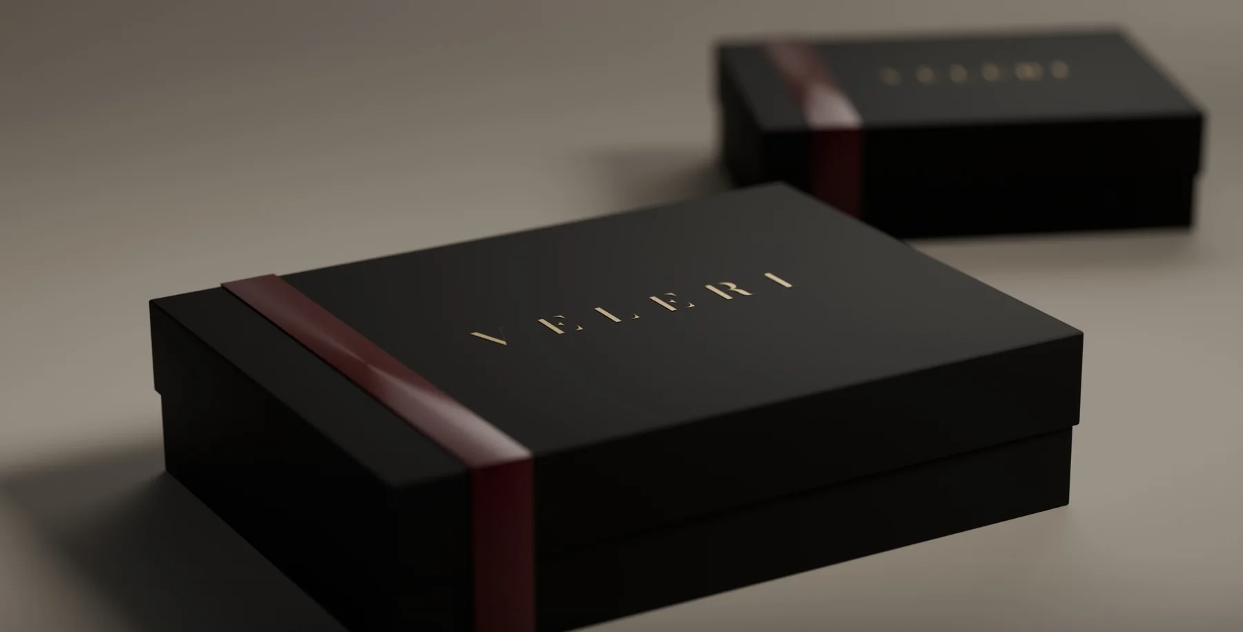 A black soft touch VELERI box with a gold foil wordmark, bound in oxblood satin.