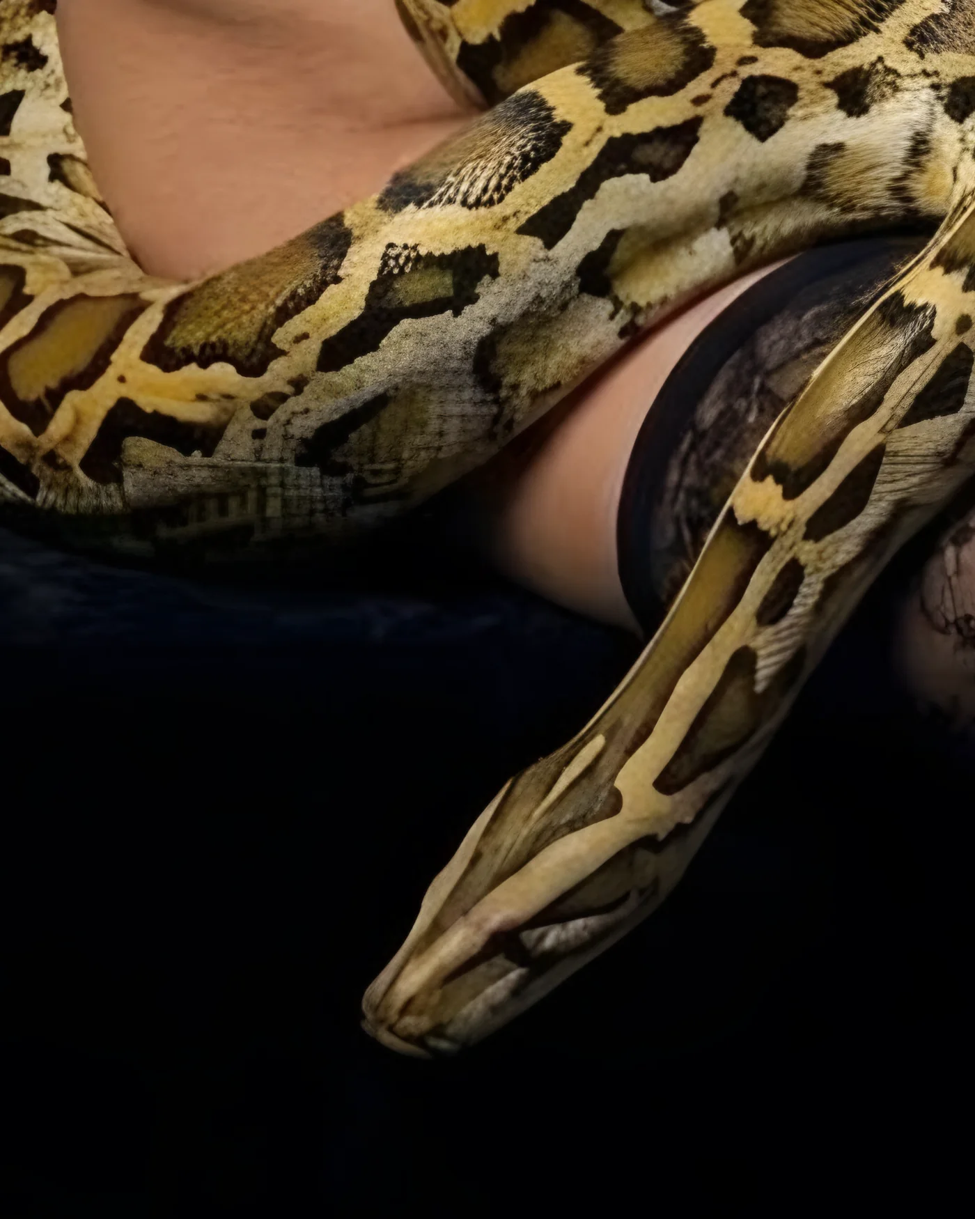 The python's head resting on black velvet.