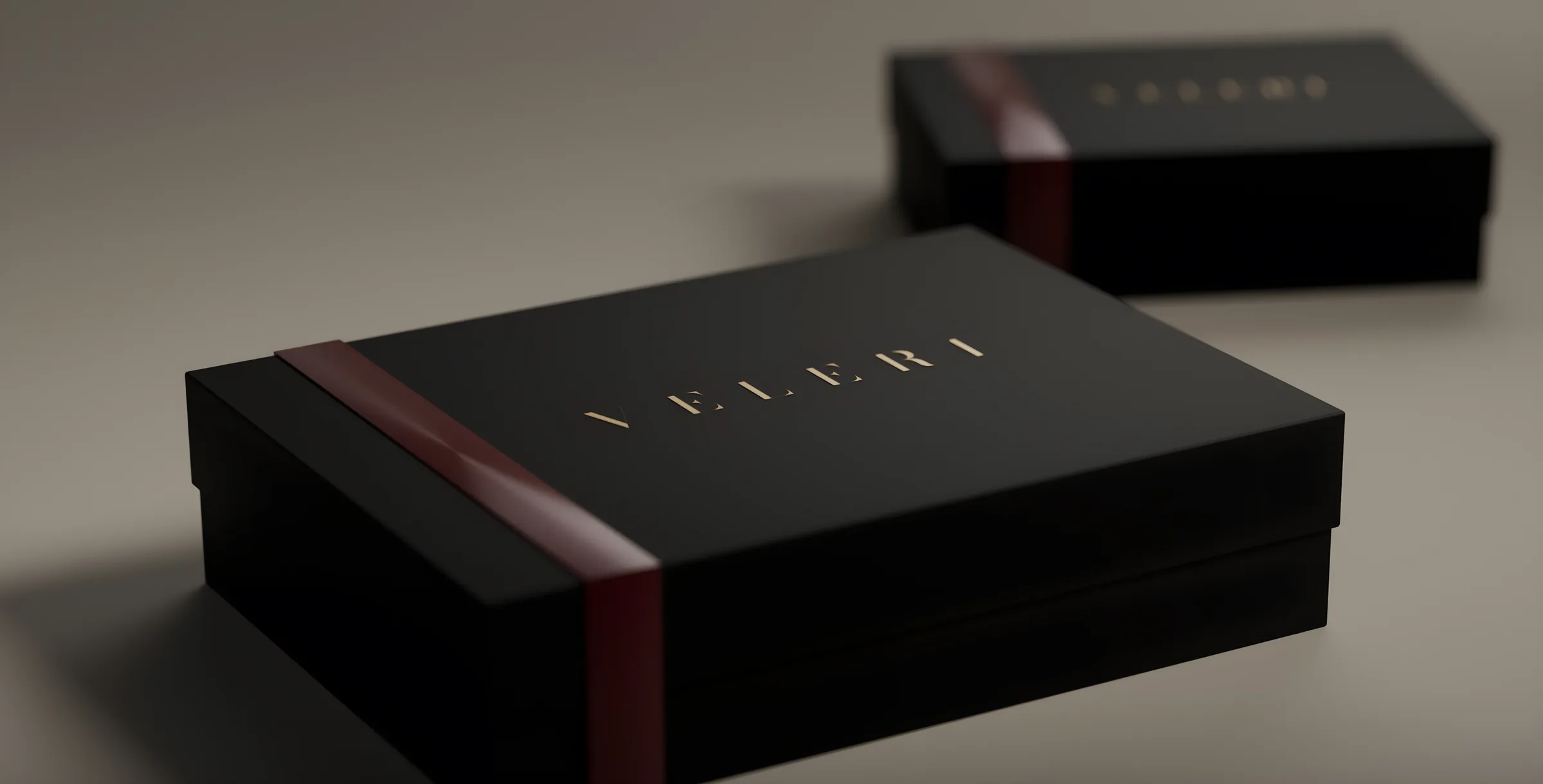 A black soft touch VELERI box with a gold foil wordmark, bound in oxblood satin.
