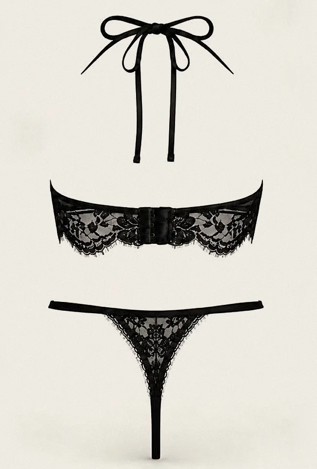 Licol: satin halter tie, eyelash lace bandeau and fine string thong.