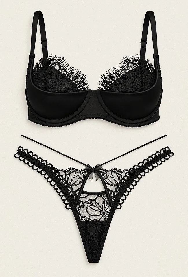 Noir: black satin balconette with eyelash lace, and a double string thong edged in loops, front view.